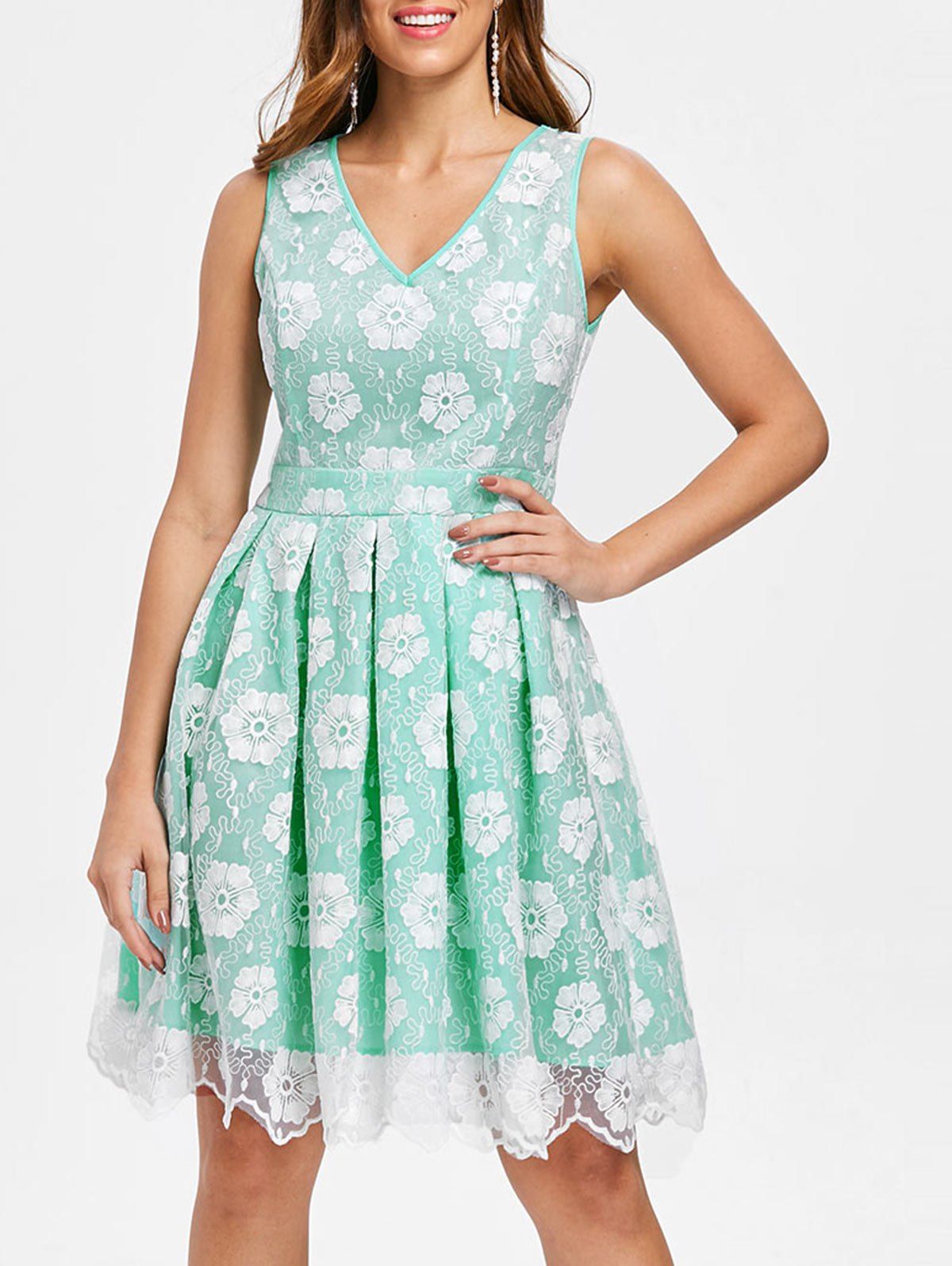 

Sleeveless Floral Lace Panel Vintage A Line Dress, Macaw blue green
