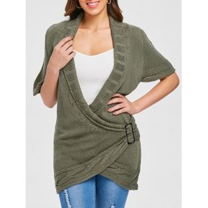 

Shawl Collar Buckled Surplice Sweater Dress, Army green