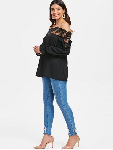 

Off Shoulder Embroidery Mesh Insert Blouse, Black