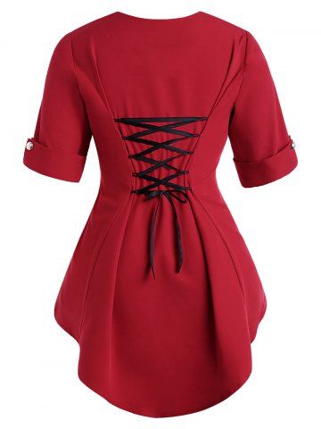 

Plus Size Color Block Lace Up Top, Red