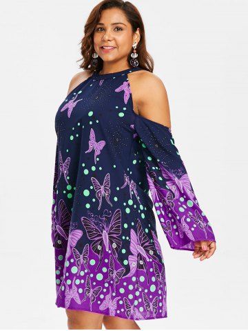 

Plus Size Butterfly Print Cold Shoulder Dress, Midnight blue