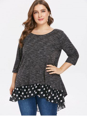 

Plus Size Polka Dot Ruffle High Low Hem T-shirt, Gray