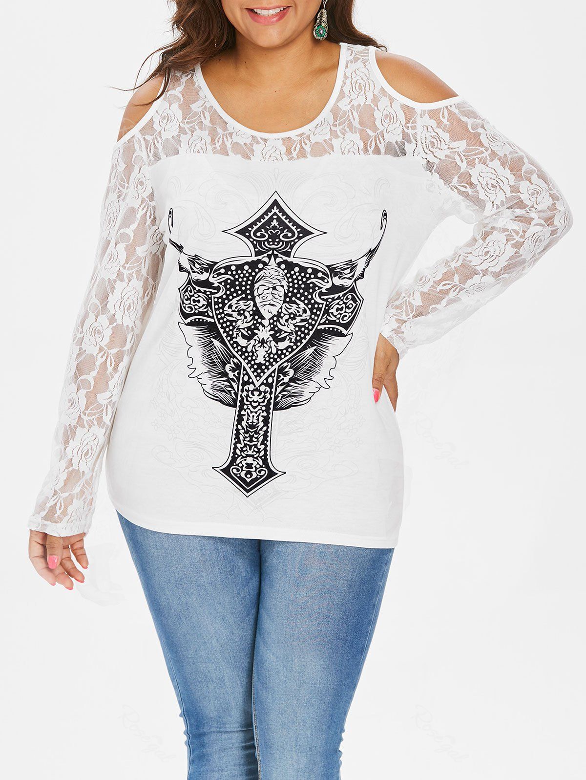 

Plus Size Graphic Lace Open Shoulder T-shirt, White