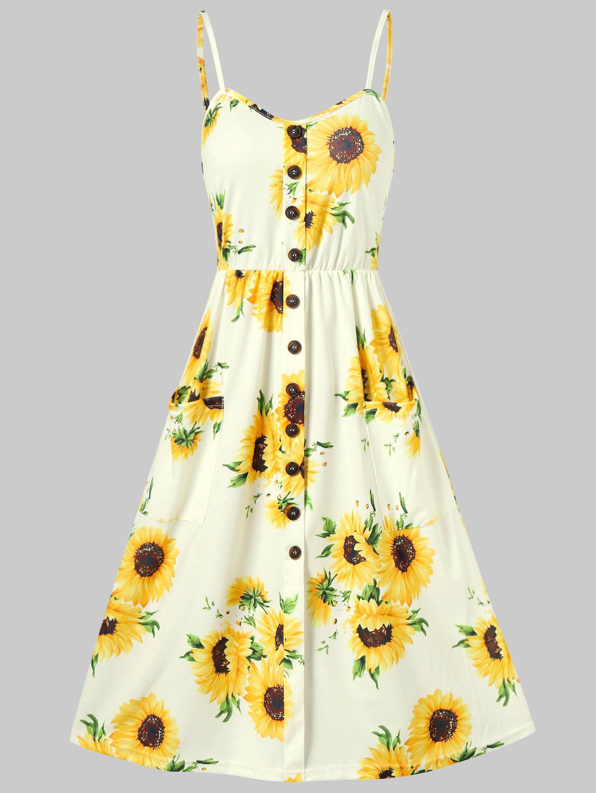 

Spaghetti Strap Sunflower Print Buttoned Mini Dress, Yellow