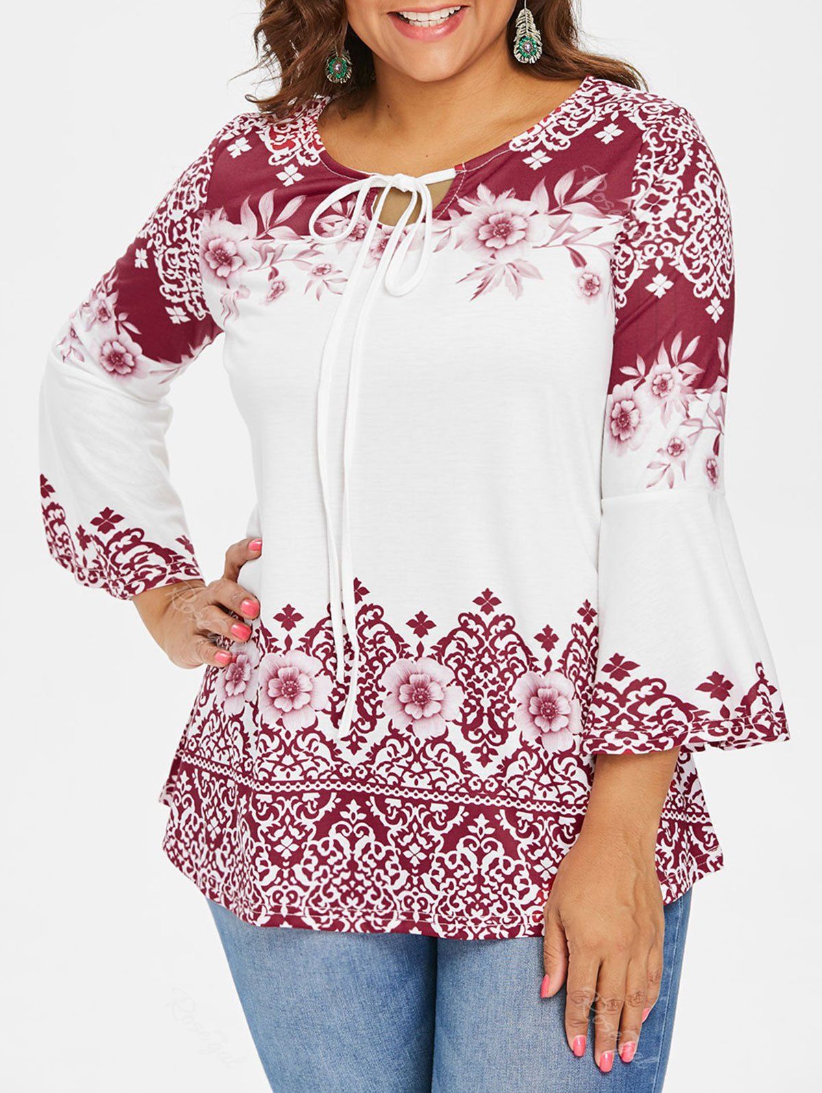 

Plus Size Print Flare Sleeve T-shirt, Wine red