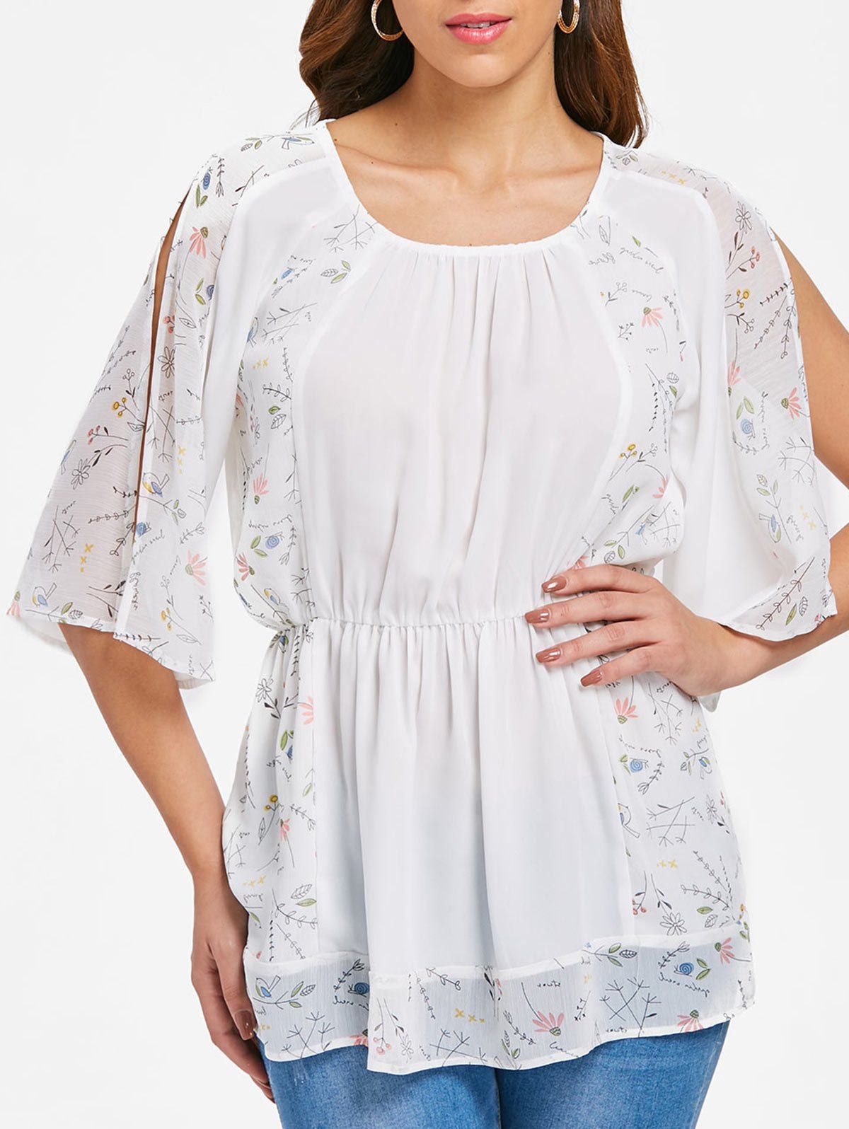 

Slit Sleeve Print Panel Blouse, White