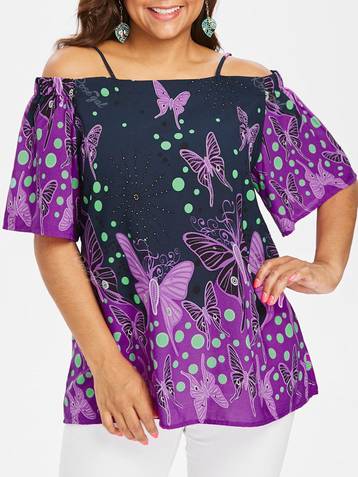 

Plus Size Cold Shoulder Butterflies Blouse, Midnight blue