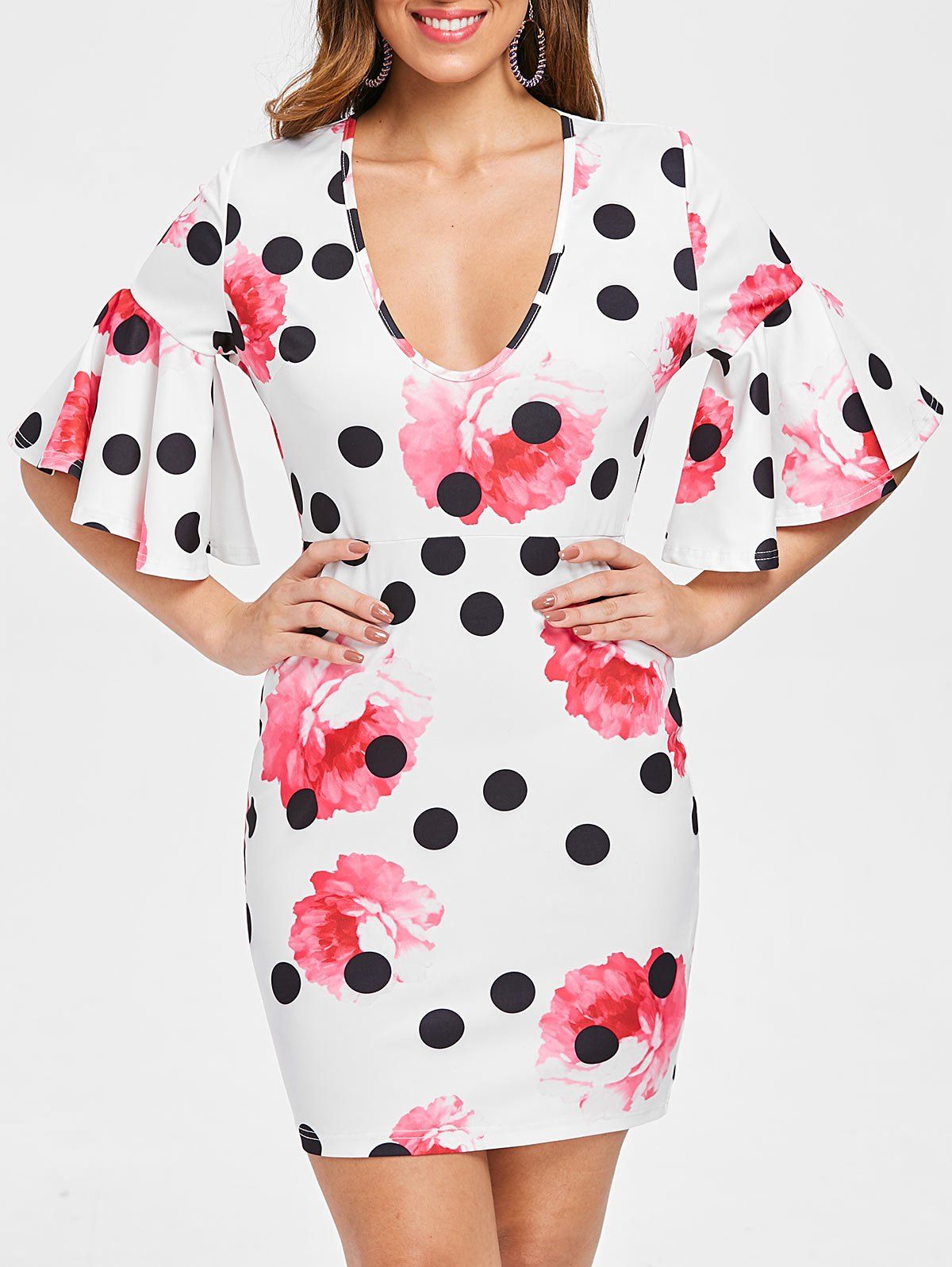 

Floral Polka Dot Print Slim Fit Dress, White