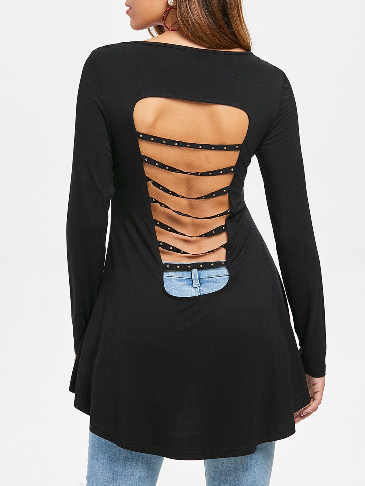 Back Cut Out High Low Asymmetrical T-shirt, Black