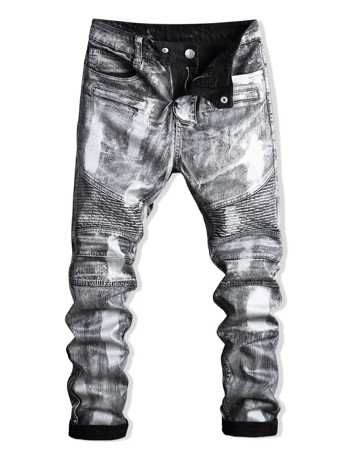 

Zip Embellished Paint Biker Jeans, Silver