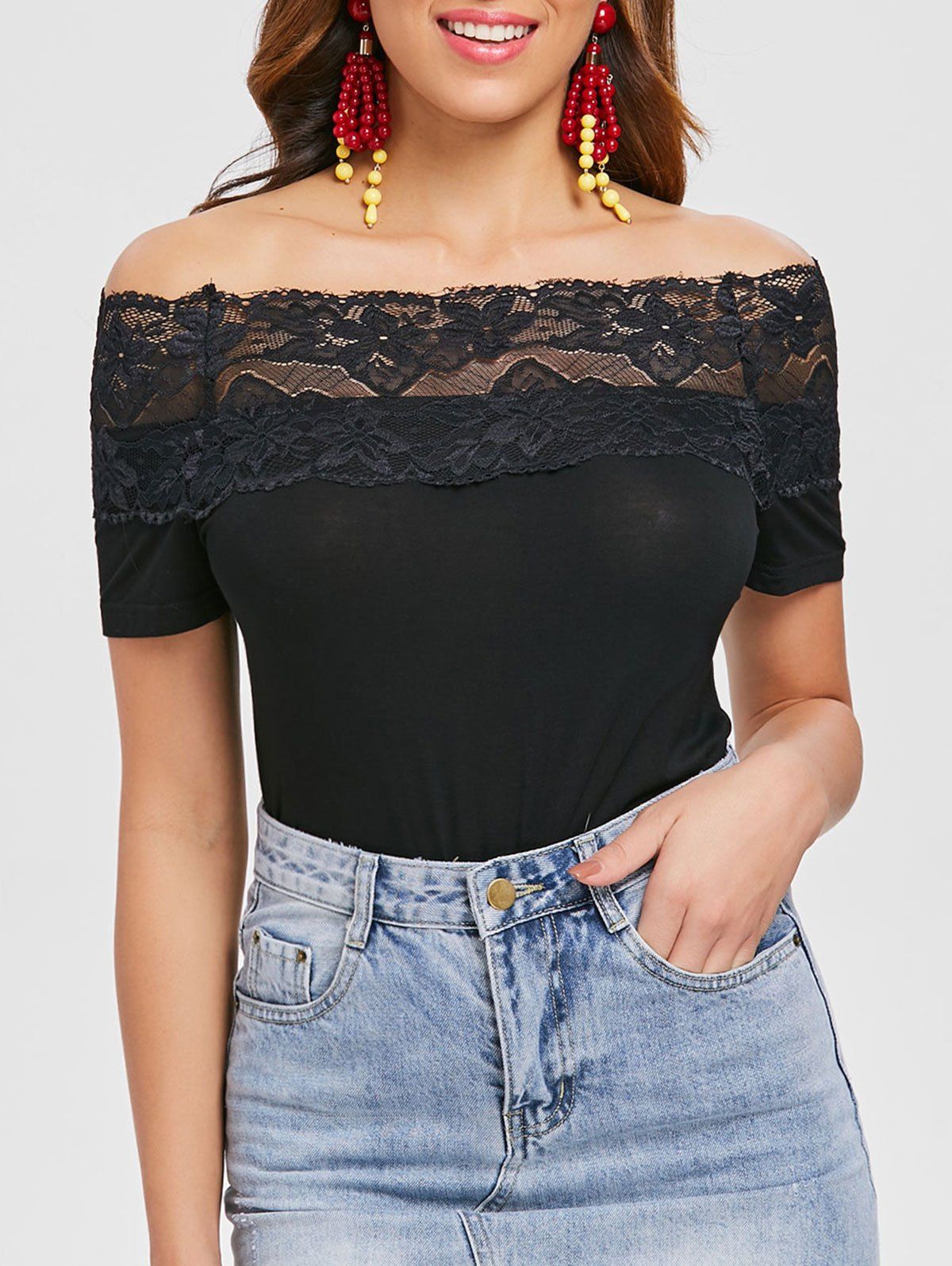 

Lace Trim Off The Shoulder T-shirt, Black
