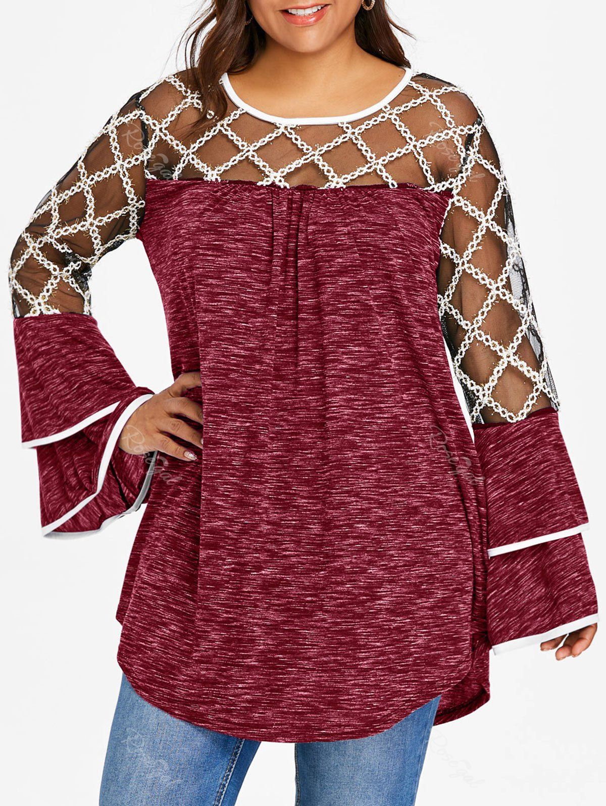 Plus Size Marled Layered Flare Sleeve T-shirt, Red wine