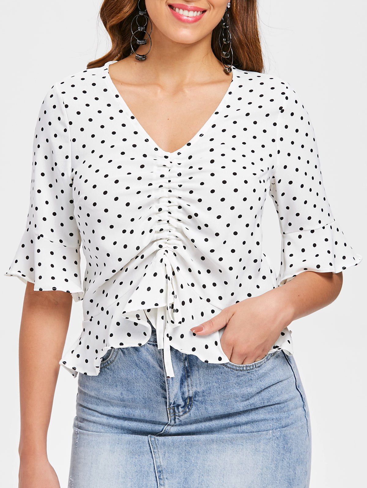 Drawstring Flounce Dotted Blouse [47% OFF] | Rosegal