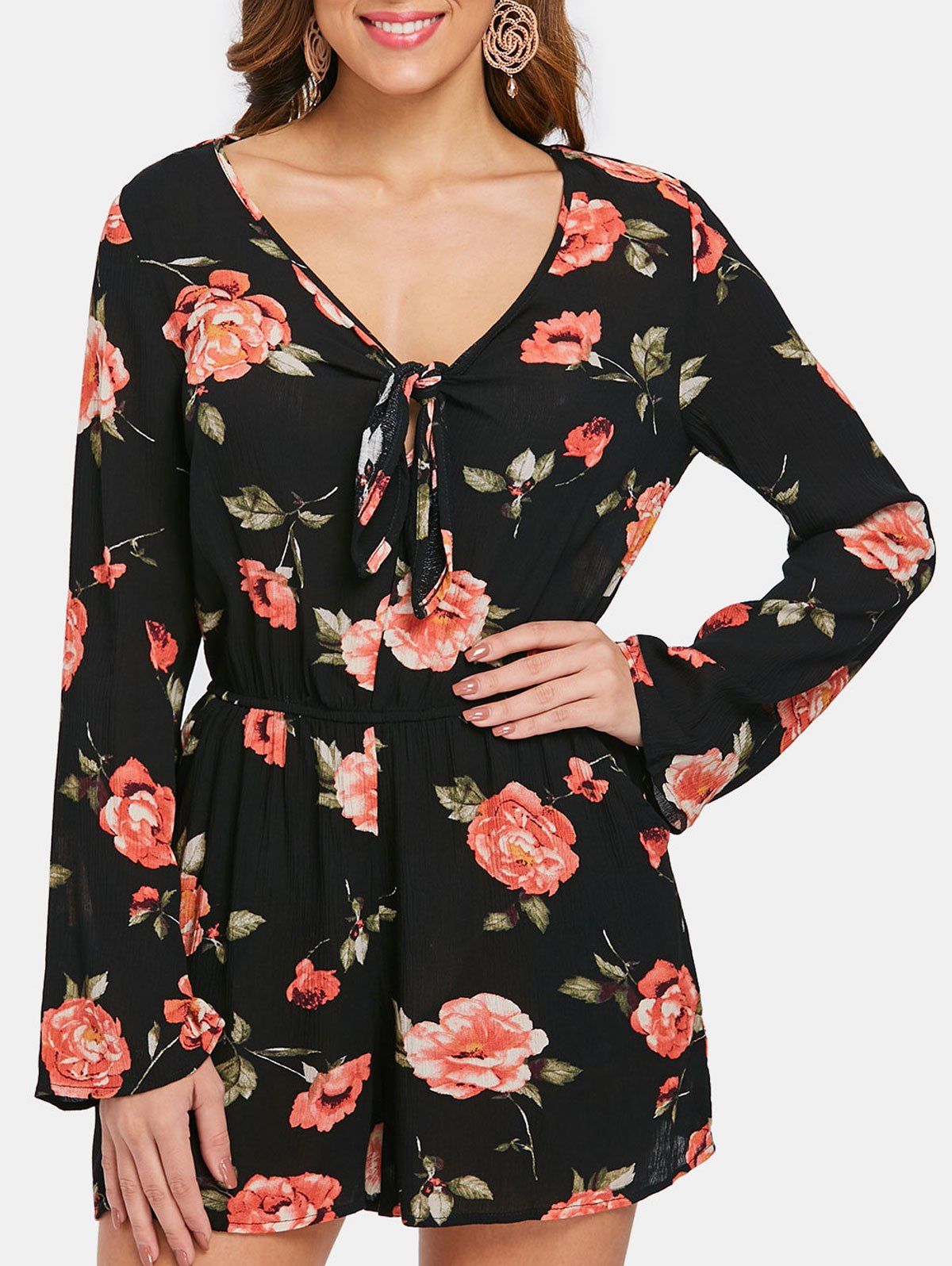 Floral Print Knot Front Romper, Black