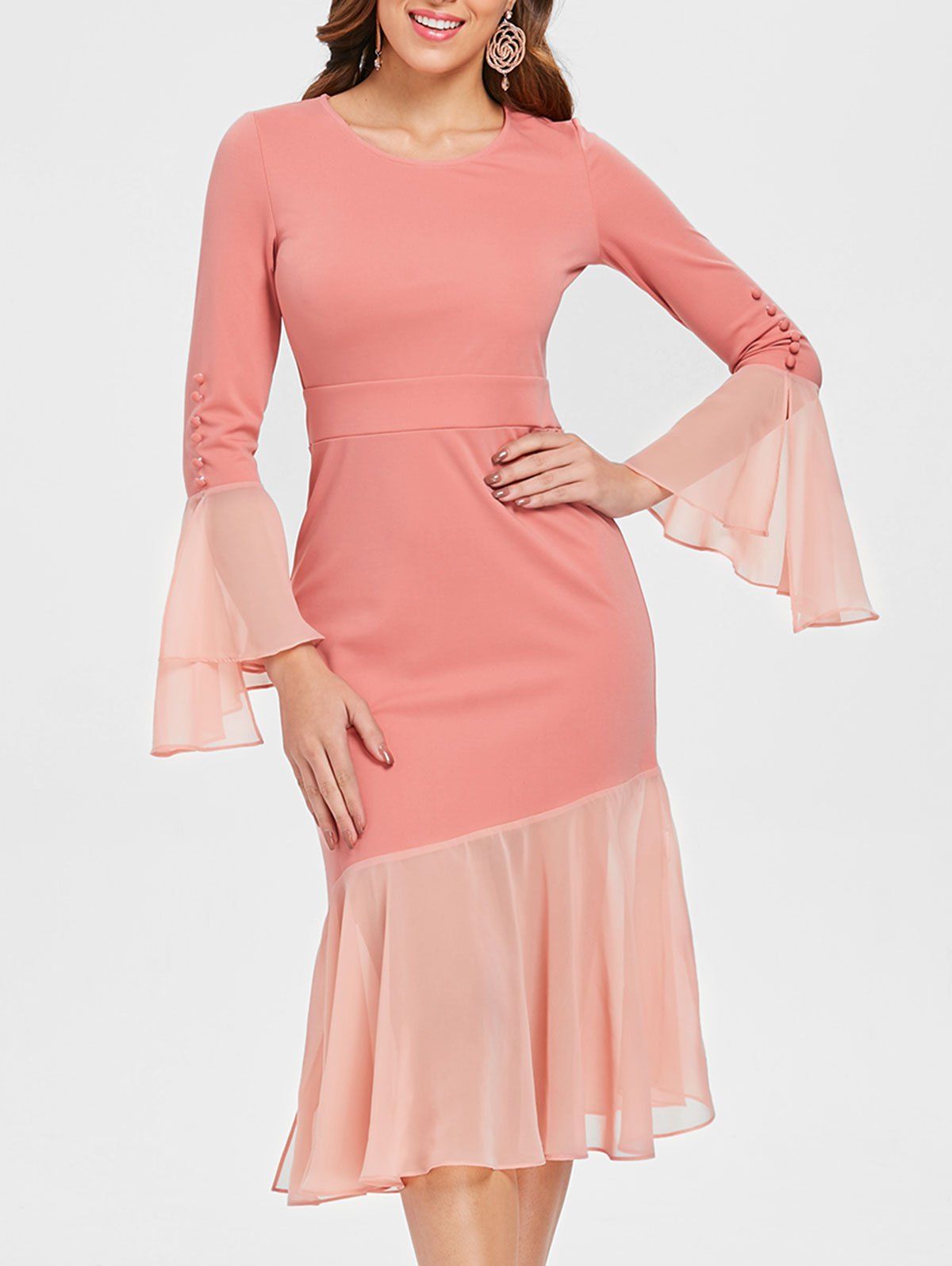 

Flare Sleeve Chiffon Panel Bodycon Dress, Pink