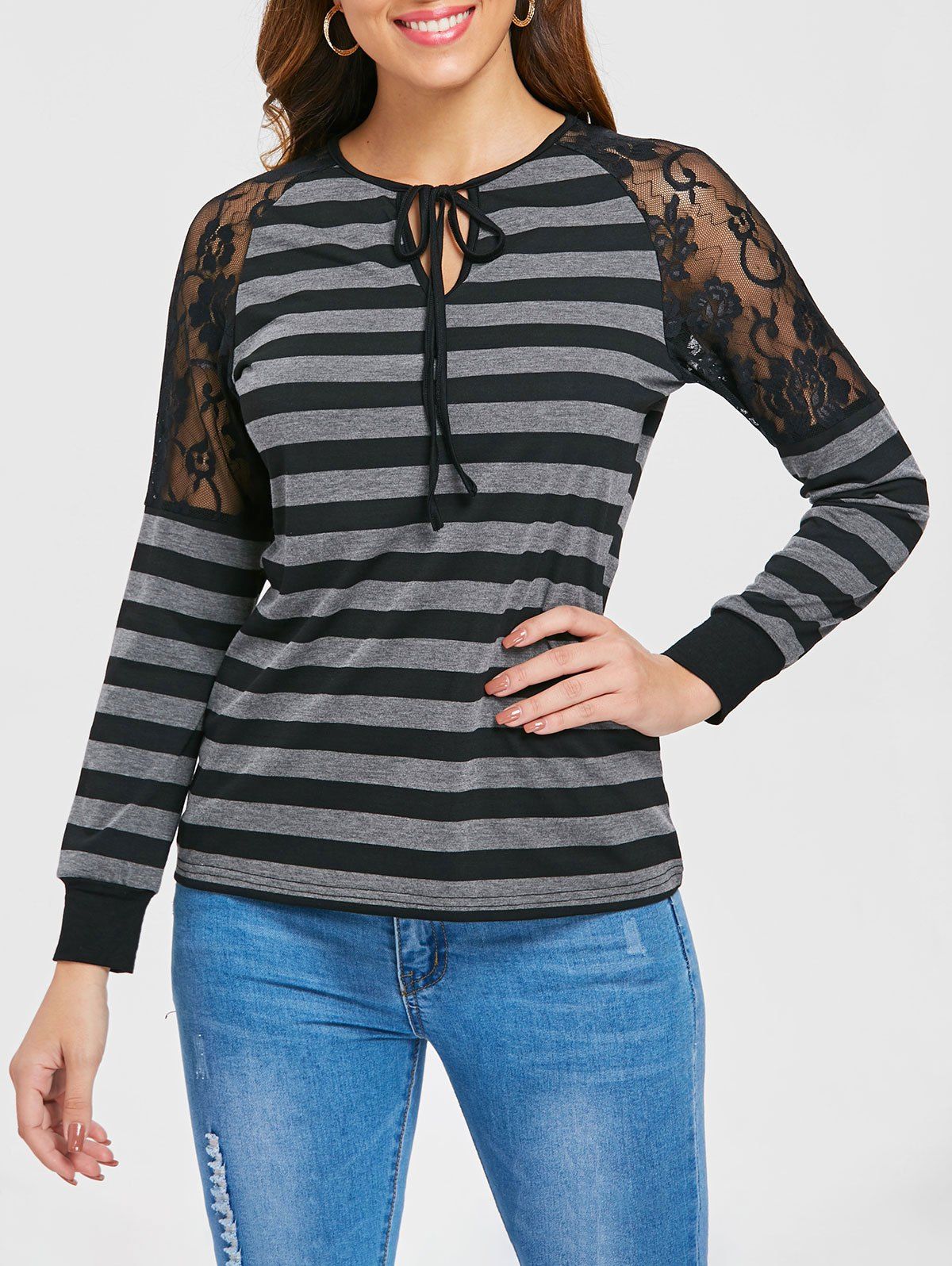 

Full Sleeve Lace Shoulder Stripe T-shirt, Gray