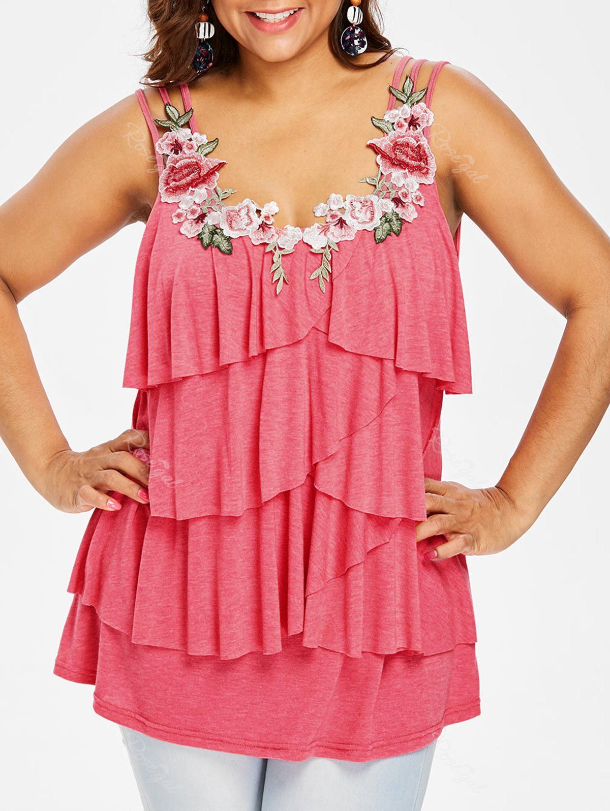  44 OFF Plus Size Embroidery Tiered Ruffle Tank Top Rosegal