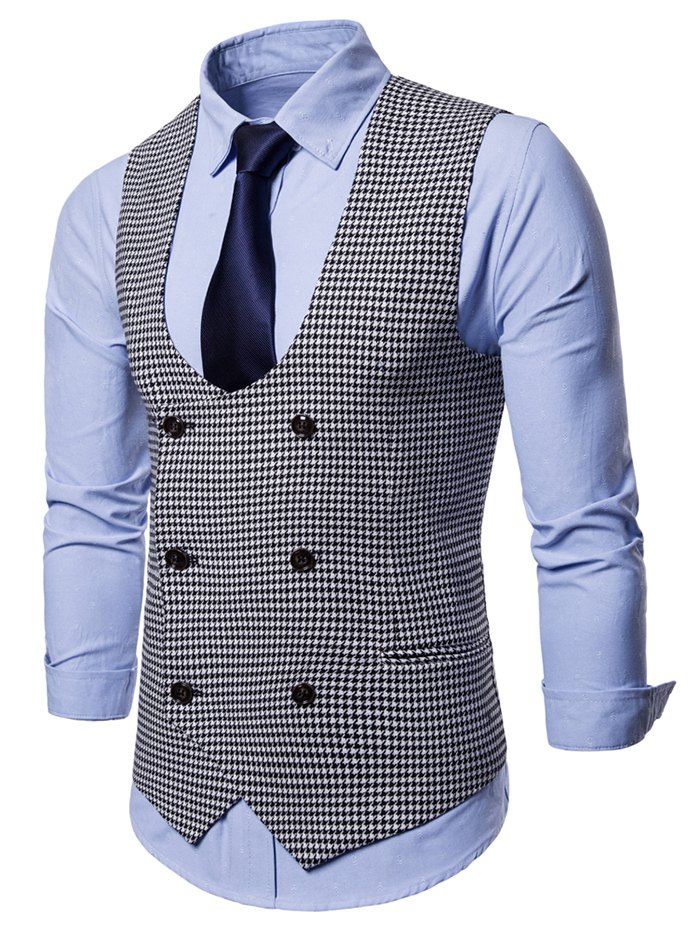 

U Neck Houndstooth Double Breasted Waistcoat, Milk white