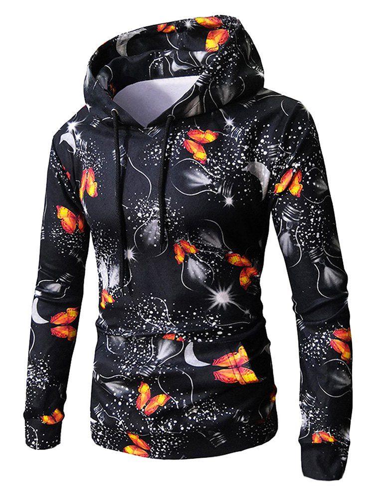 

3D Butterflies Bulbs Print Elastic Loose Fleece Hoodie, Black