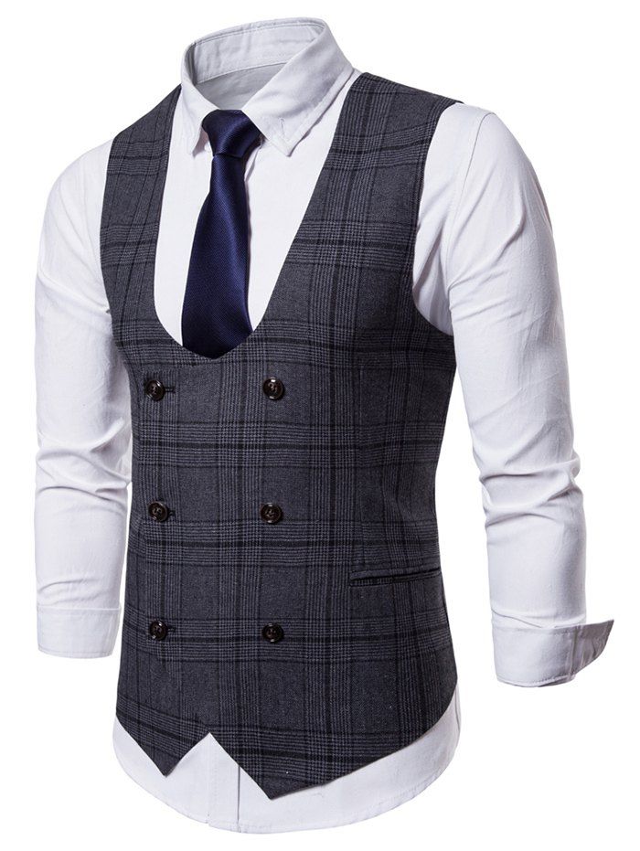 [30% OFF] Double Breasted U Neck Plaid Waistcoat | Rosegal