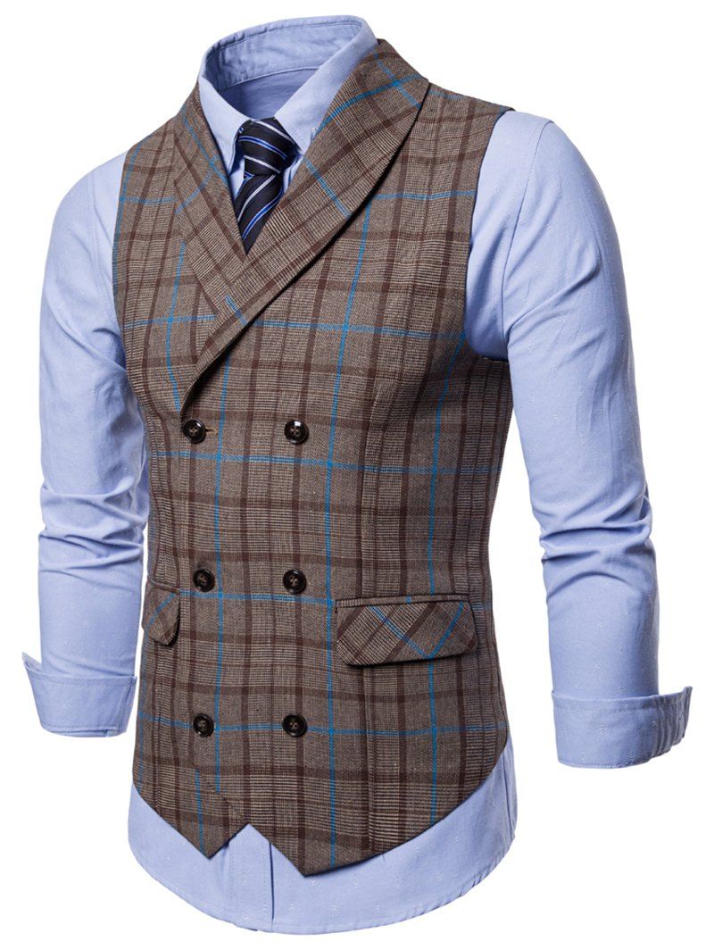 [28% OFF] Double Breasted Shawl Collar Plaid Waistcoat | Rosegal