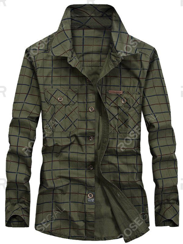 

Button Pockets Plaid Print Long Sleeve Shirt, Army green