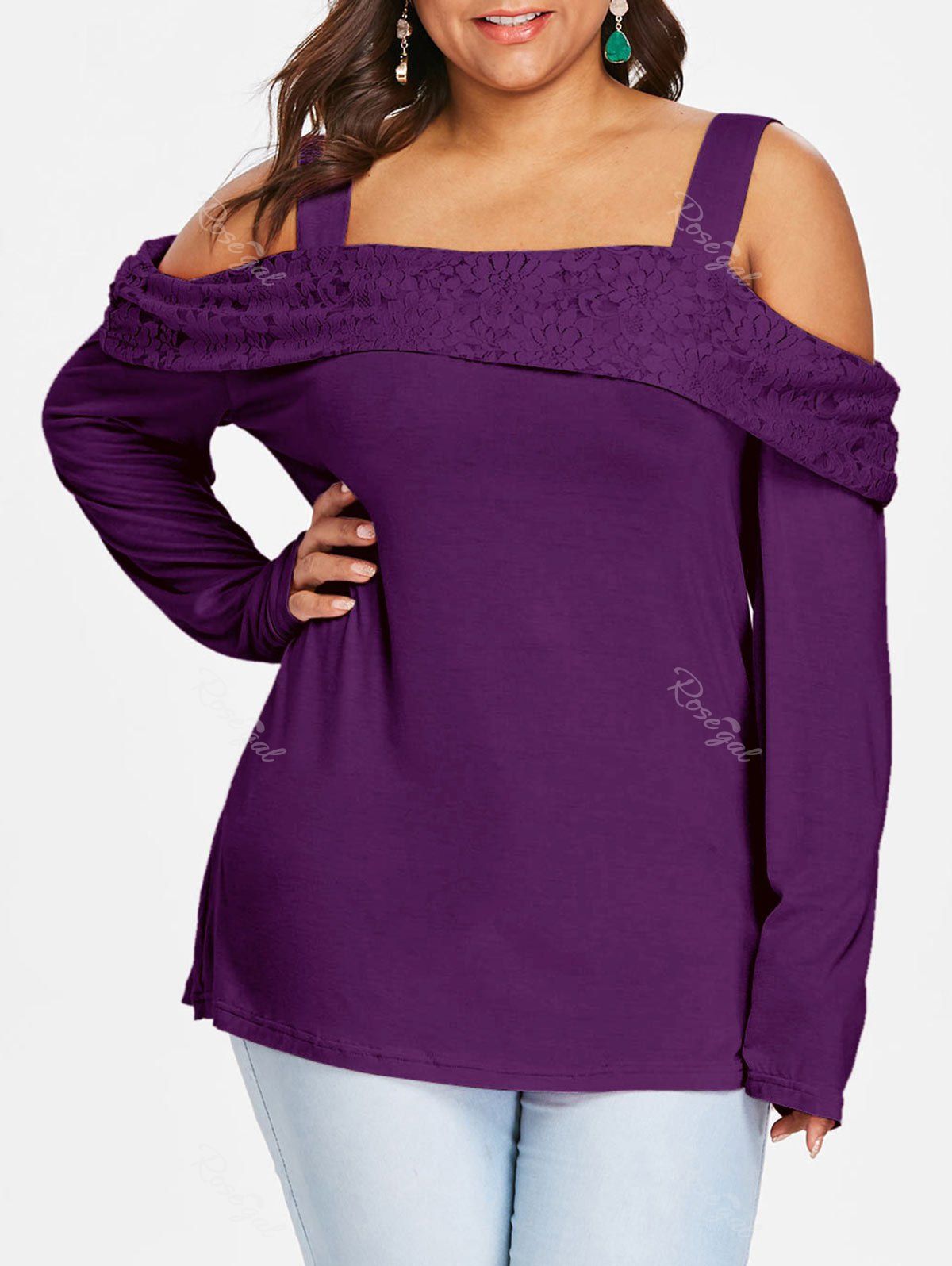 Plus Size Cold Shoulder Foldover Lace Top, Purple jam
