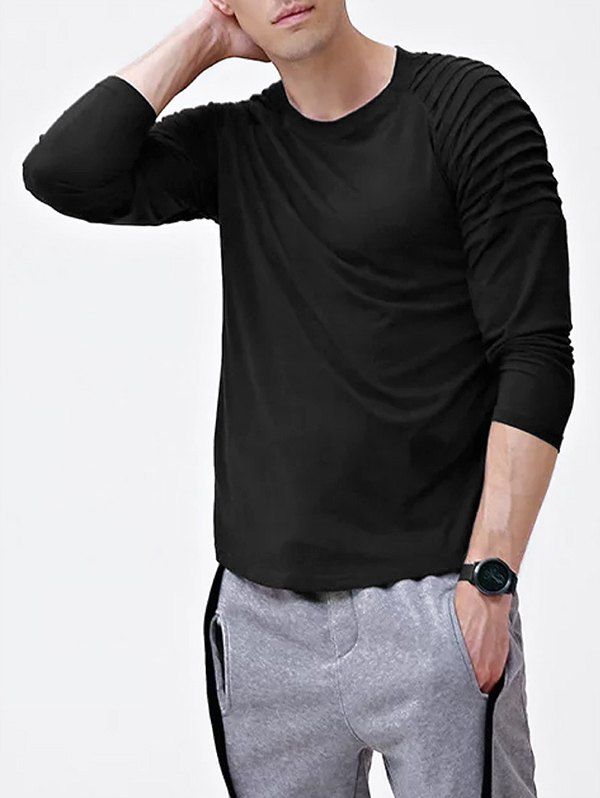 

Solid Color Patch Detail Pleated Long Sleeve Tee, Black