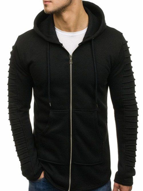 

Solid Color Sleeve Pleated Pocket Full Zipper Fleece Hoodie, Black