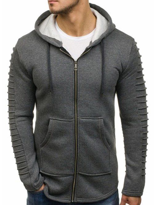 solid color pleated sleeve long fleece hoodie