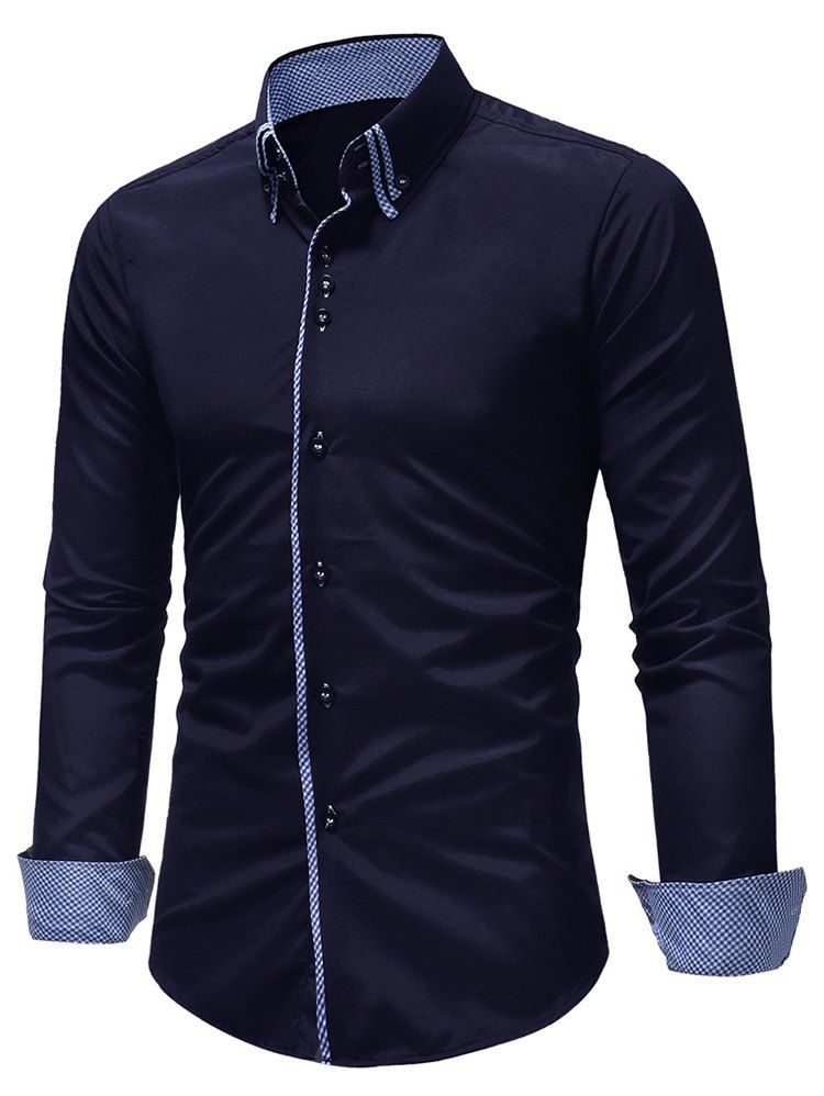 

Button Down Patchwork Double Layer Collar Shirt, Cadetblue