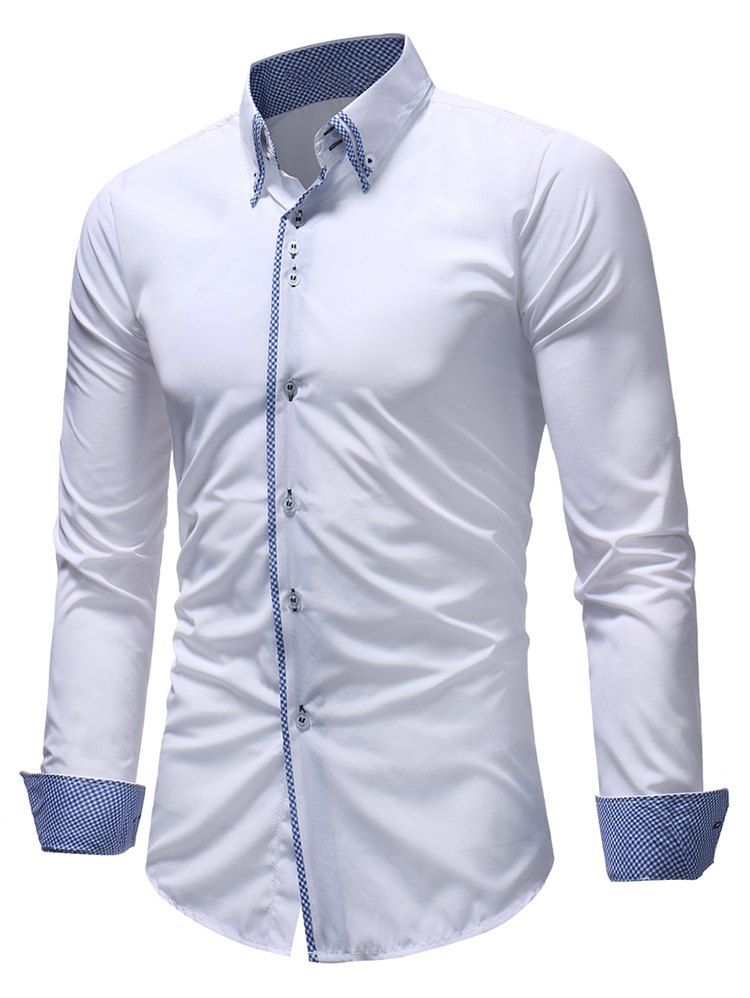 

Button Down Patchwork Double Layer Collar Shirt, White