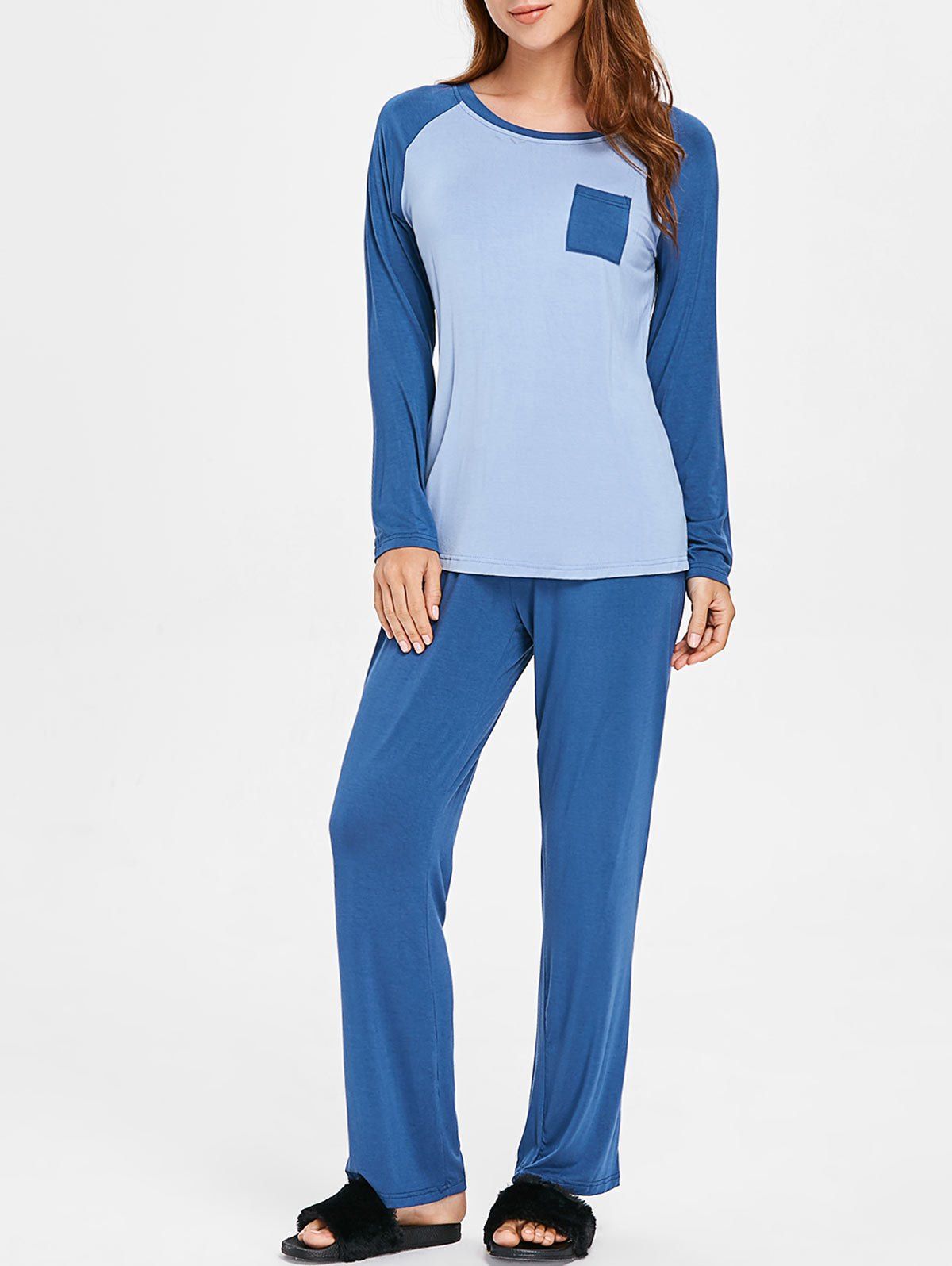 

Two Tone Long Sleeves Sleepwear Set with Pocket, Blue gray