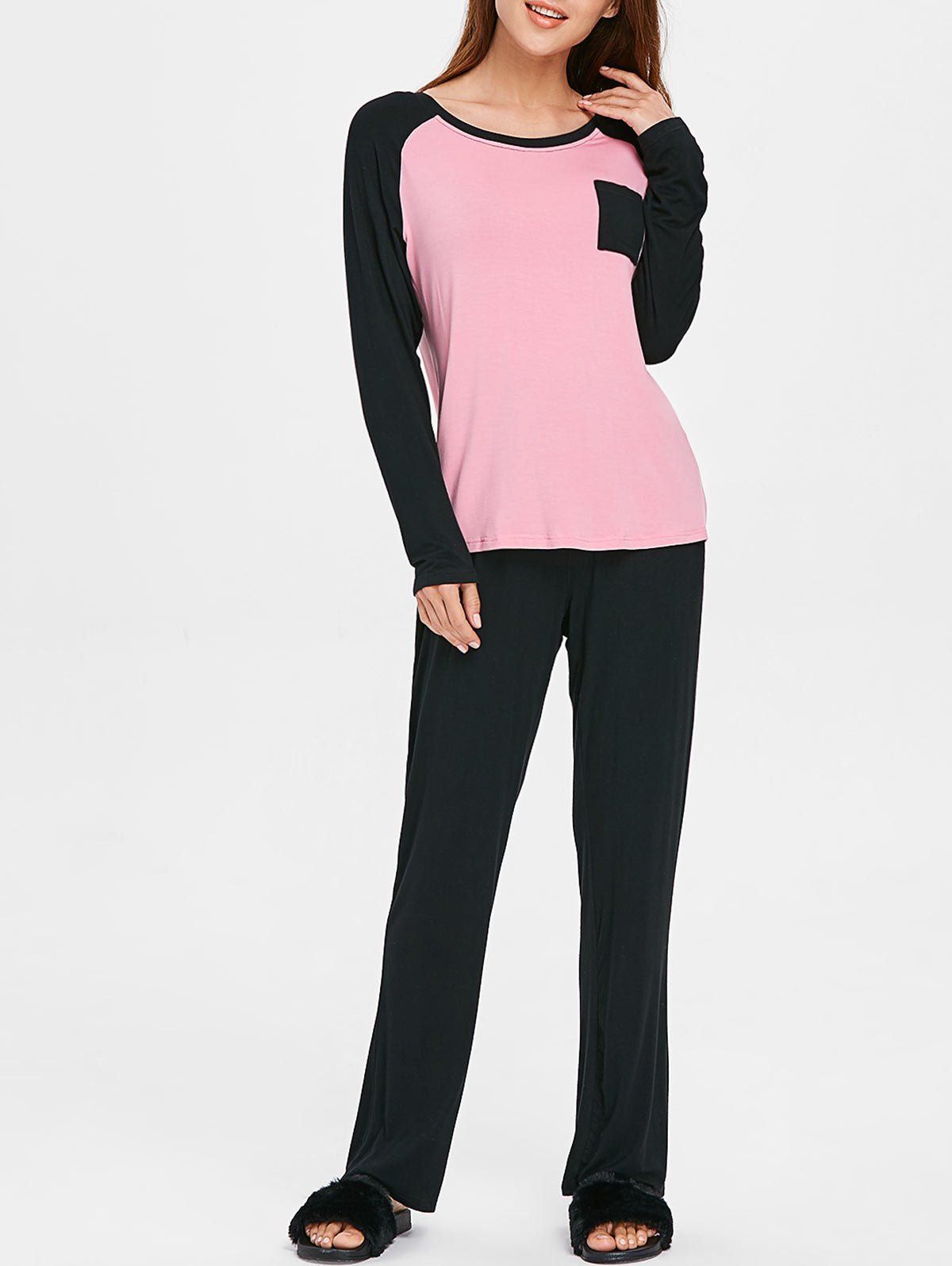 

Two Tone Long Sleeves Sleepwear Set with Pocket, Pink bubblegum