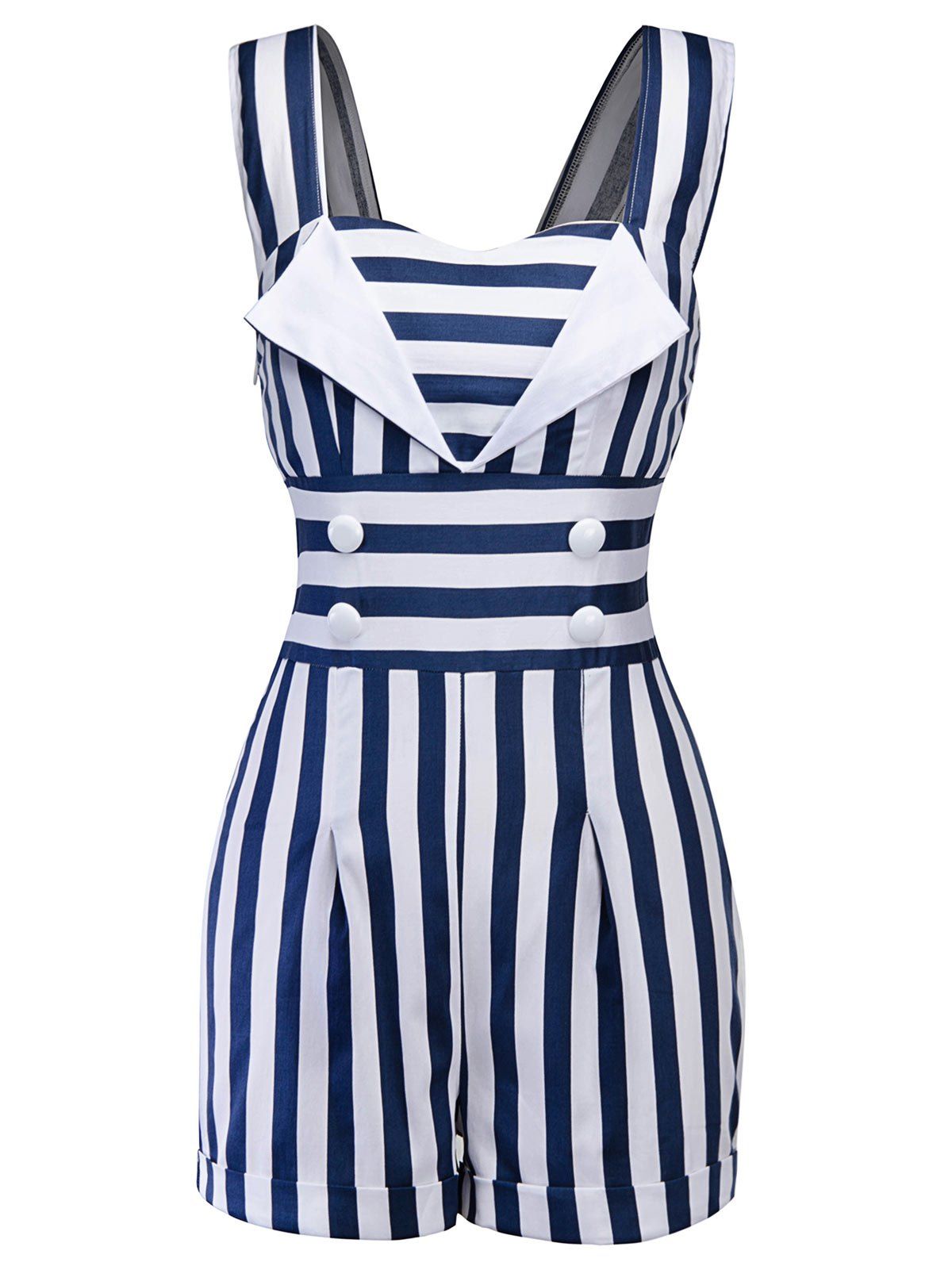 

Button Embellished Striped Romper, Blue