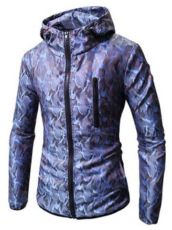 Camo Print Zip Embellished Hooded Jacket - BLUE - 2XL