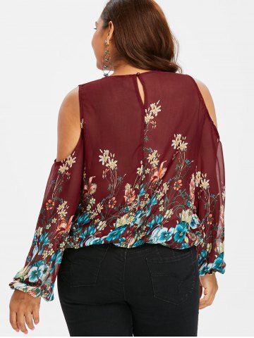 

Plus Size Lace Yoke Cold Shoulder Blouse, Red wine