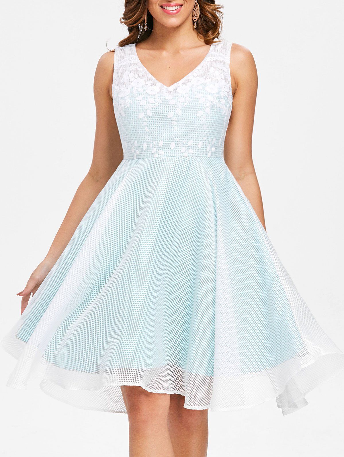 

Lace Trim Fit and Flare Dress, Pale blue lily