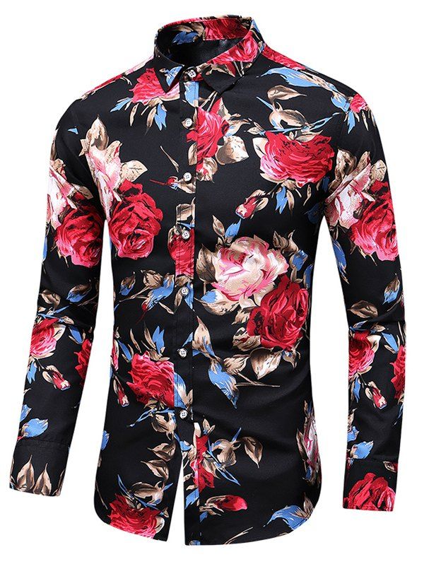 

Rose Print Button Up Casual Shirt, Black