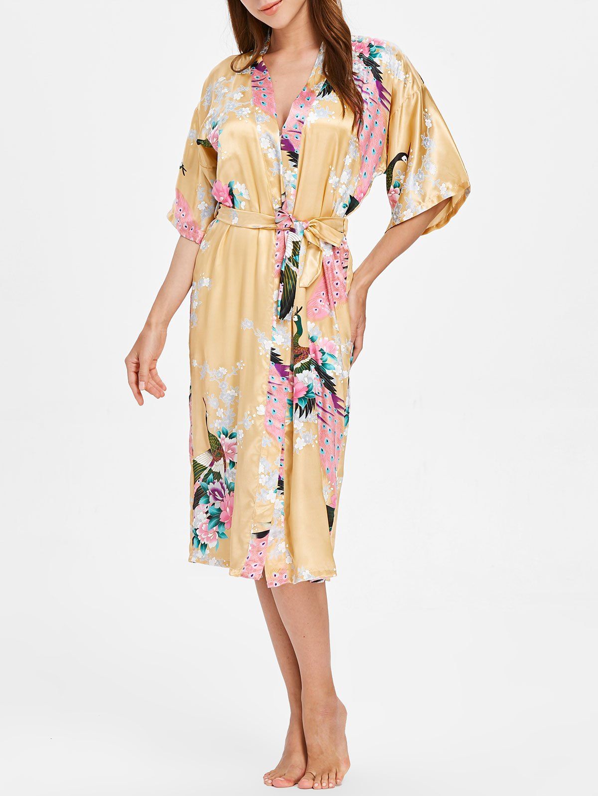 

Flower Printed Sleeping Robe with Belt, Corn yellow