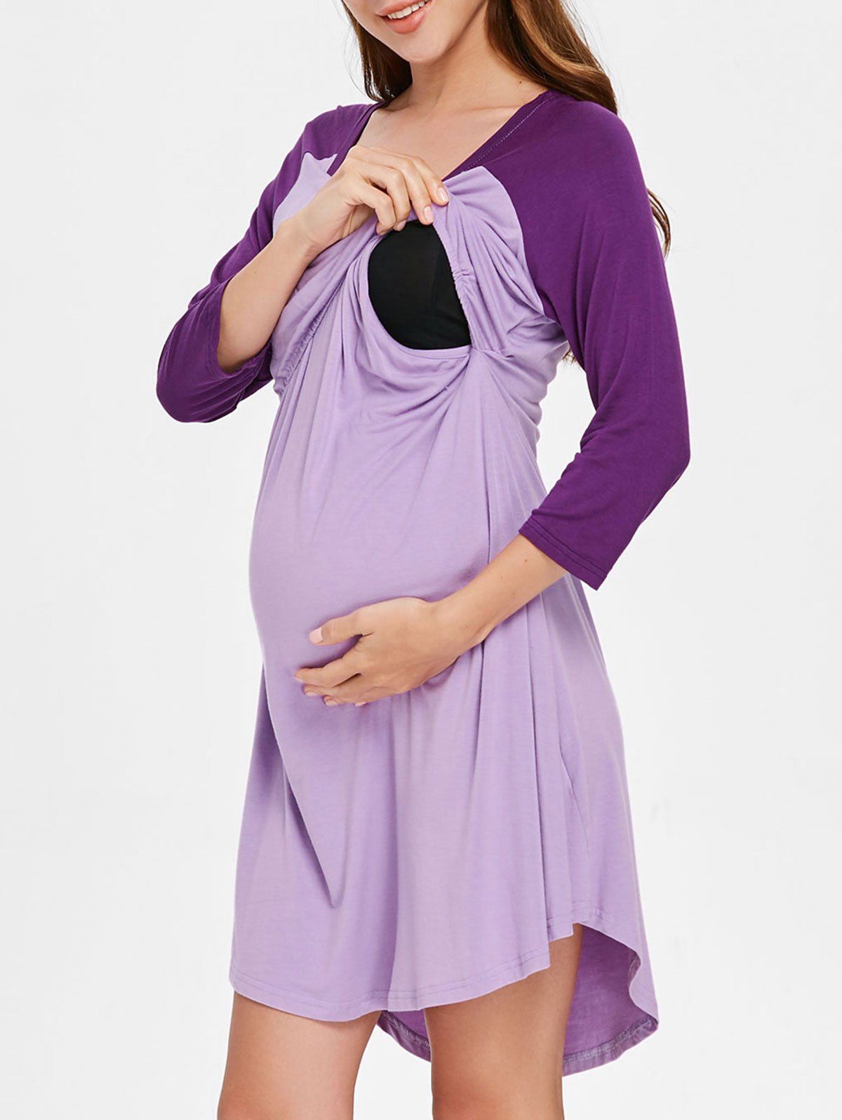 

Round Collar Color Block Maternity Sleep Dress, Mauve