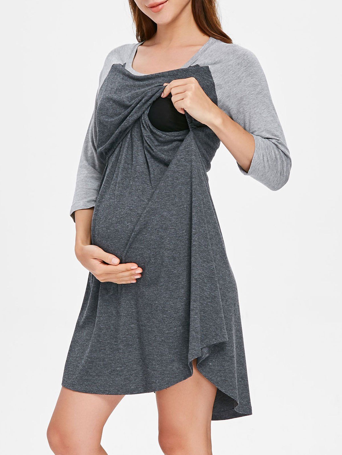 

Round Collar Color Block Maternity Sleep Dress, Dark gray