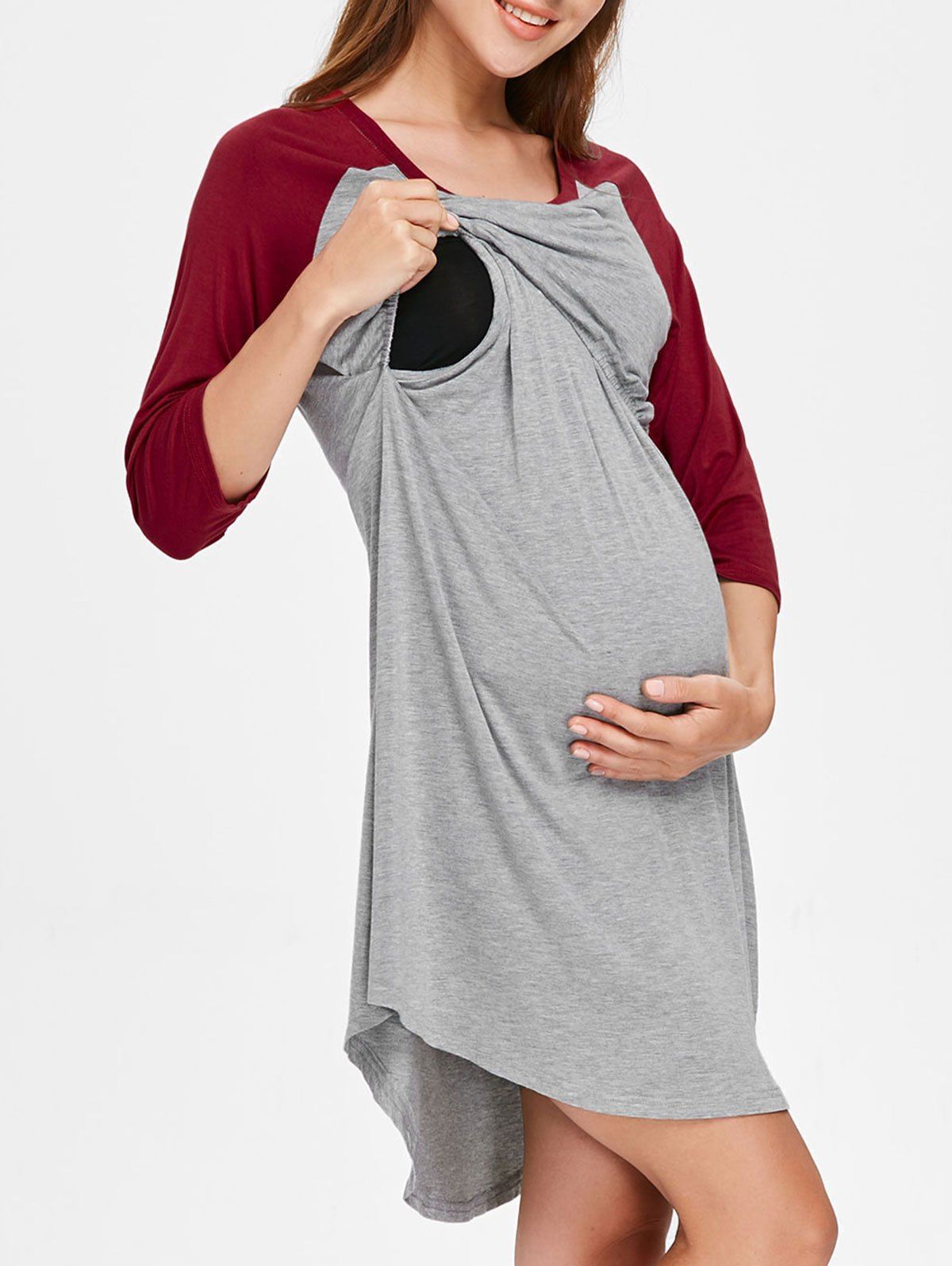 

Round Collar Color Block Maternity Sleep Dress, Lava red