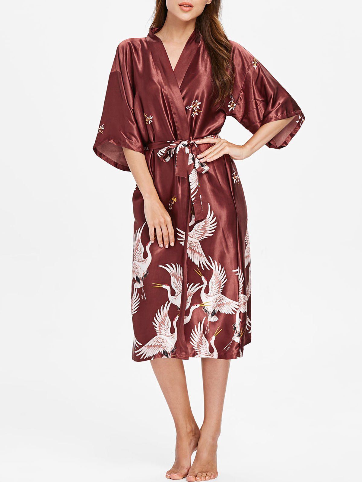 

Drop Shoulder Crane Print Sleeping Robe, Red wine