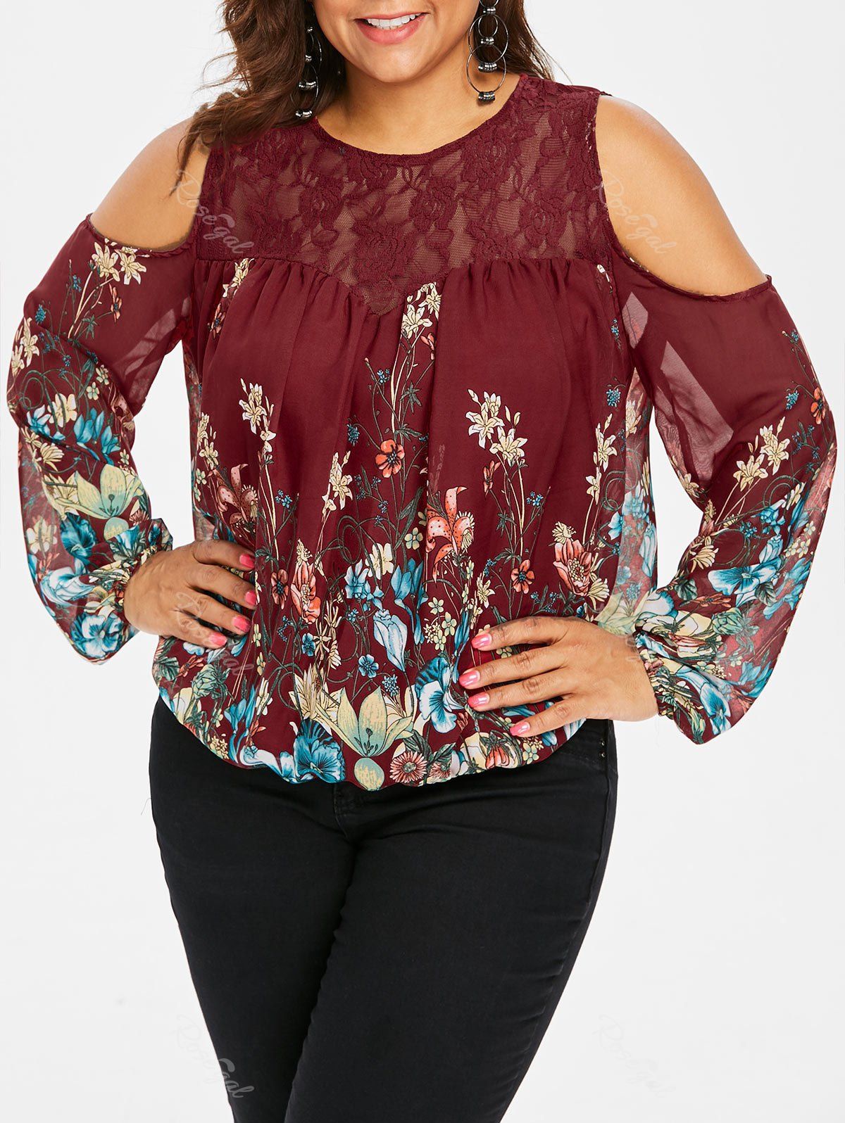 

Plus Size Lace Yoke Cold Shoulder Blouse, Red wine