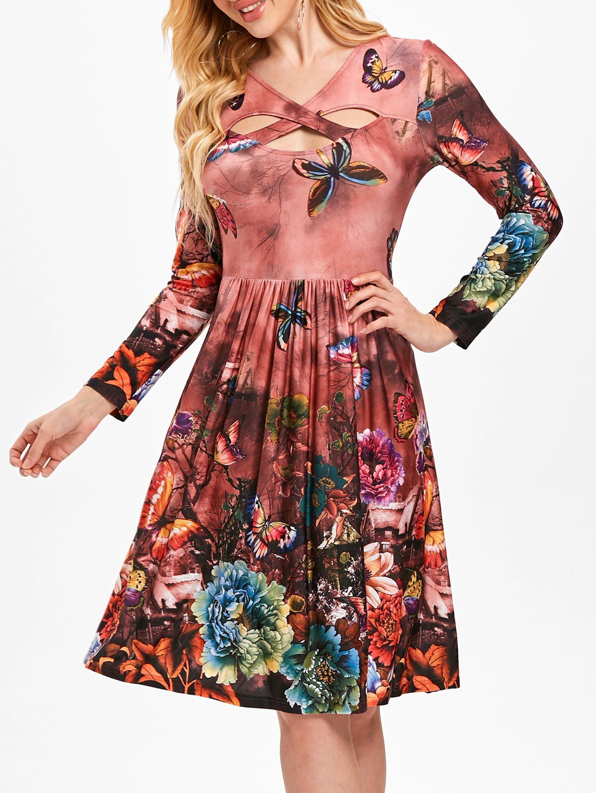 

Criss Cross Cut Out Printed Dress, Multi