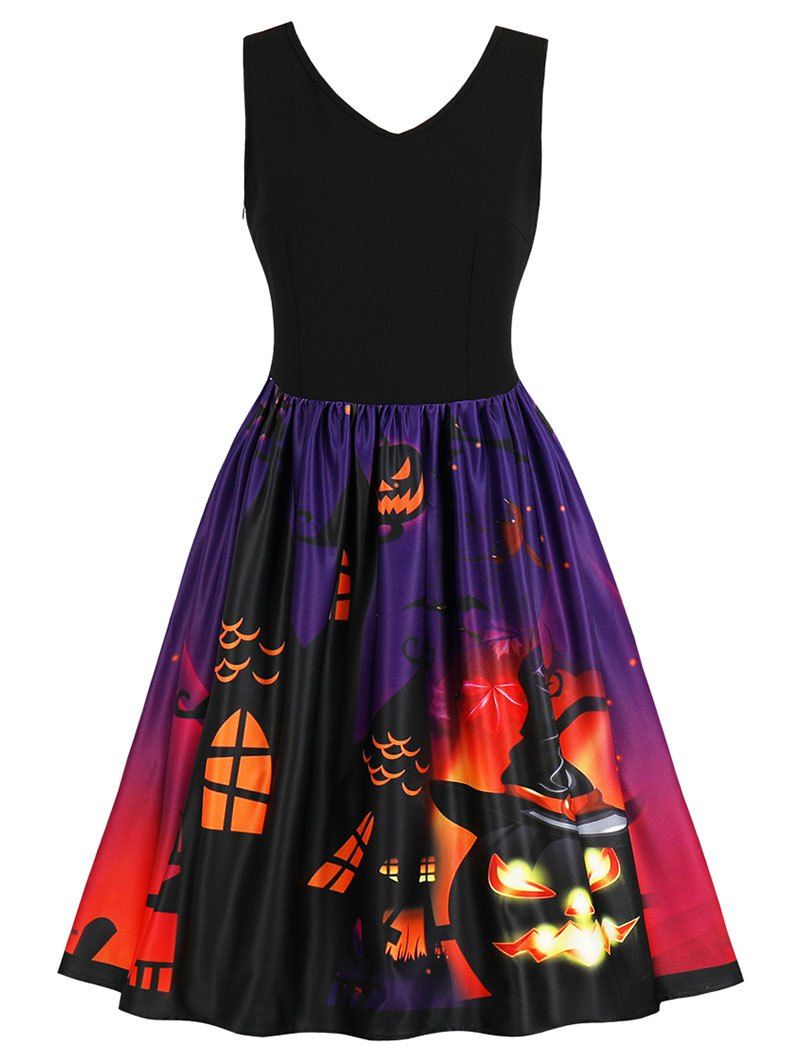 

Halloween Retro Pumpkin Print Flare Dress, Black