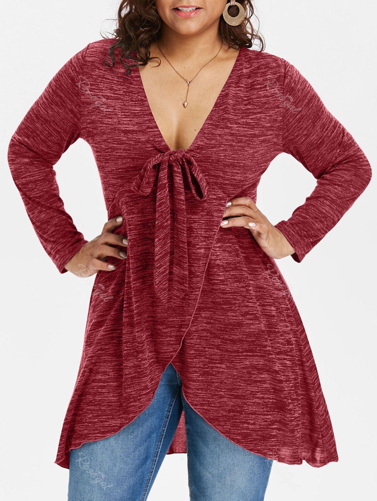 

Plus Size Tie Front Marled Tulip T-shirt, Red wine