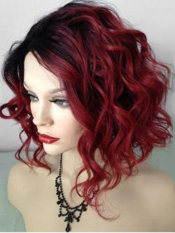 Short Side Bang Shaggy Wavy Ombre Synthetic Wig - BLACK AND RED