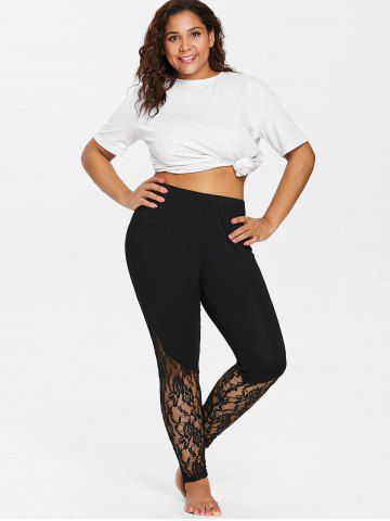 

Plus Size Floral Lace Trim Leggings, Black